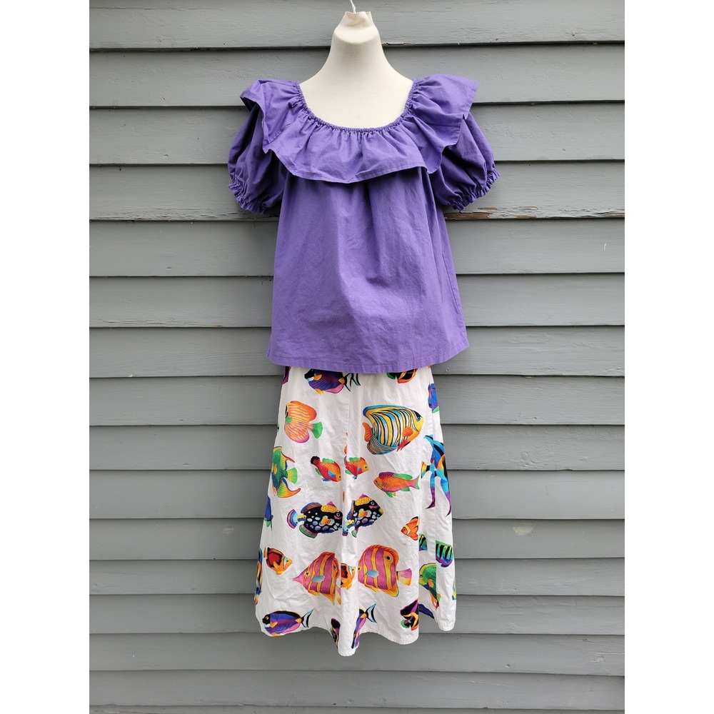 Handmade 2 Piece Set Purple Ruffle Top Tropical Fish‎ Print Skirt Medium